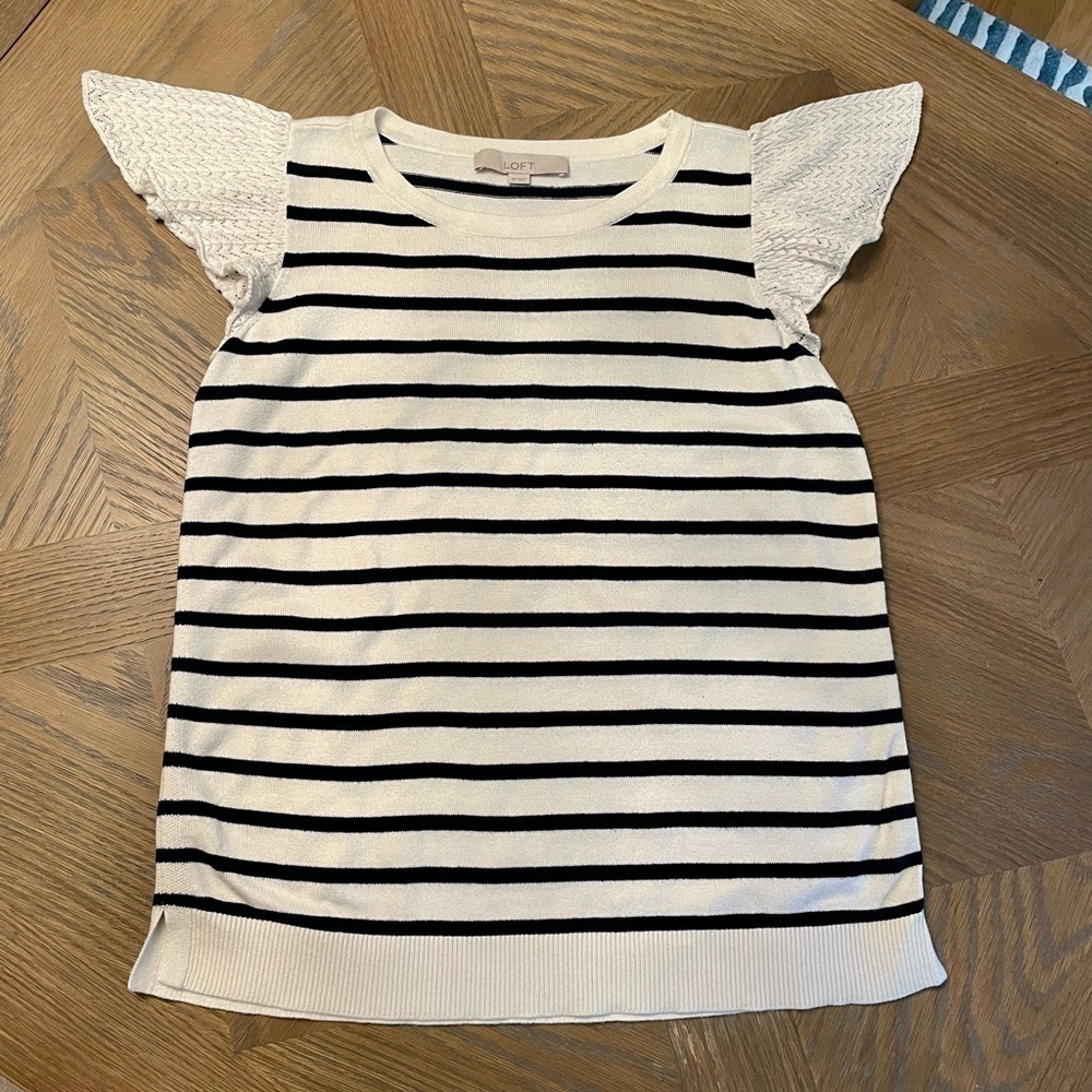 Loft knit black and white striped top with crochet flutter sleeves